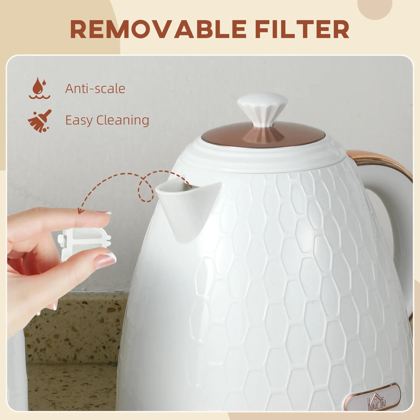 HOMCOM 3kW Rapid Boil Honeycomb Electric Kettle, 1.7L - Cream