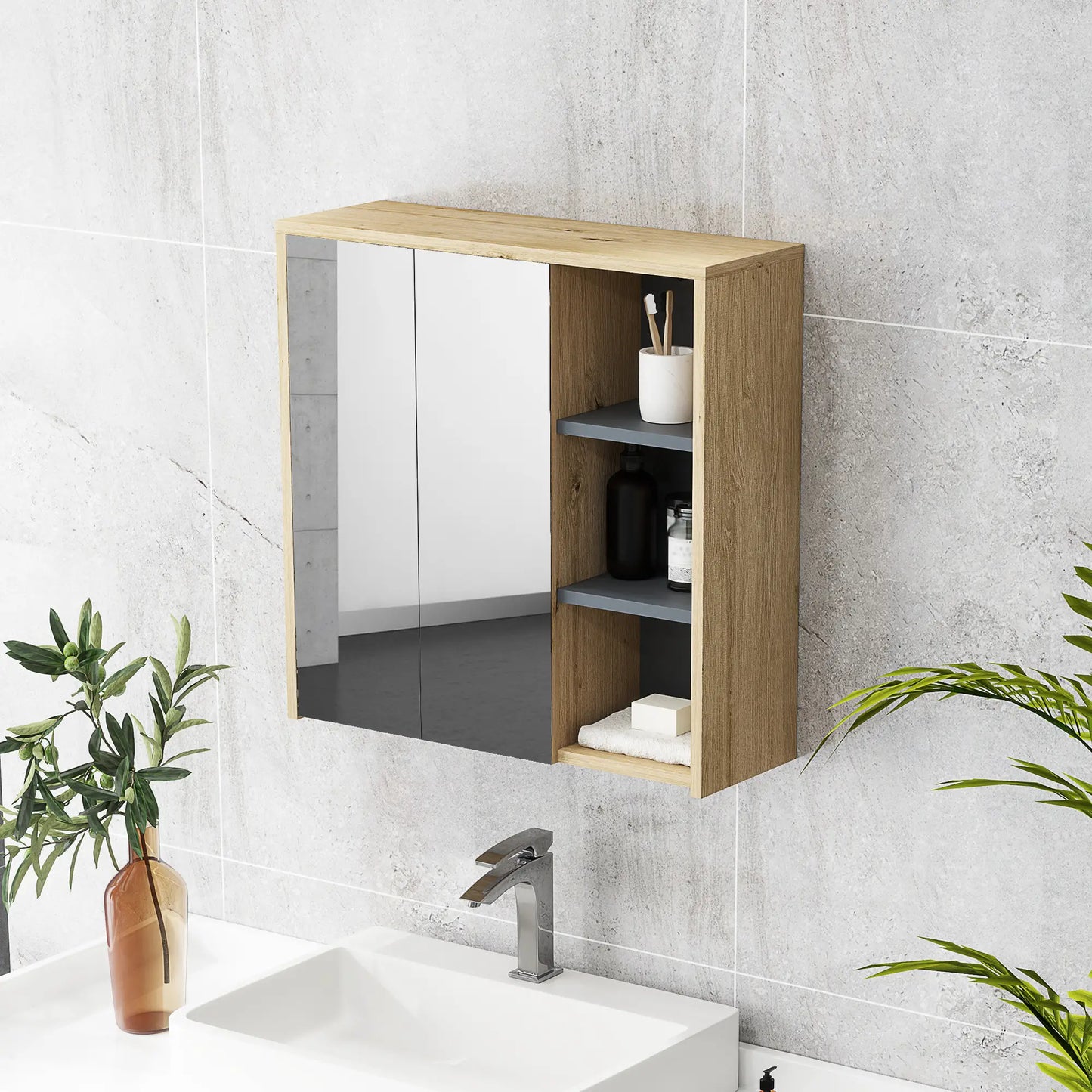 HOMCOM Five-Shelf Mirrored Bathroom Storage Mirror Cabinet - Wood-Effect