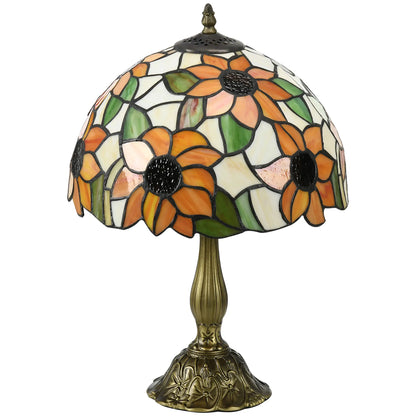 HOMCOM Tiffany Stained Glass Table Lamp, Handmade Antique Bedside Lamp, Night Light, Orange Sunflower
