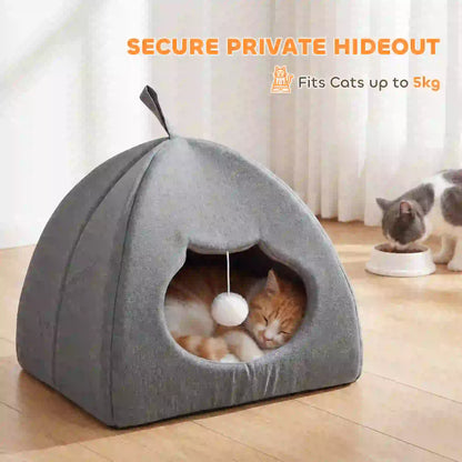PawHut Cat Cave Bed for Indoor Kittens, Cat House with Removable Cushion and Teaser Ball, Kitty Igloo, Grey
