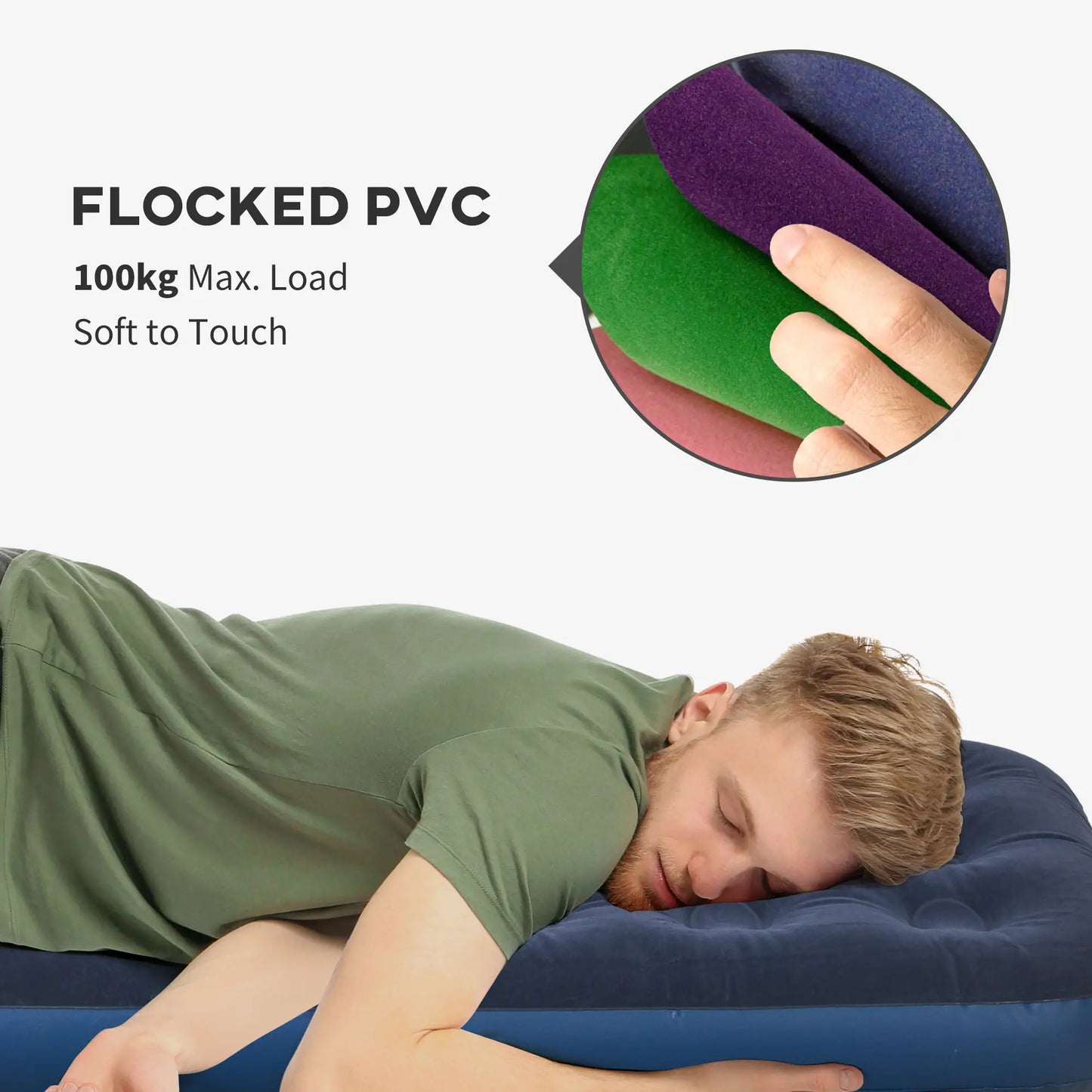 Outsunny Single Air Bed with Hand Pump, Inflatable Mattress & Flocked Surface for Guest, Camping, Travel, Blue