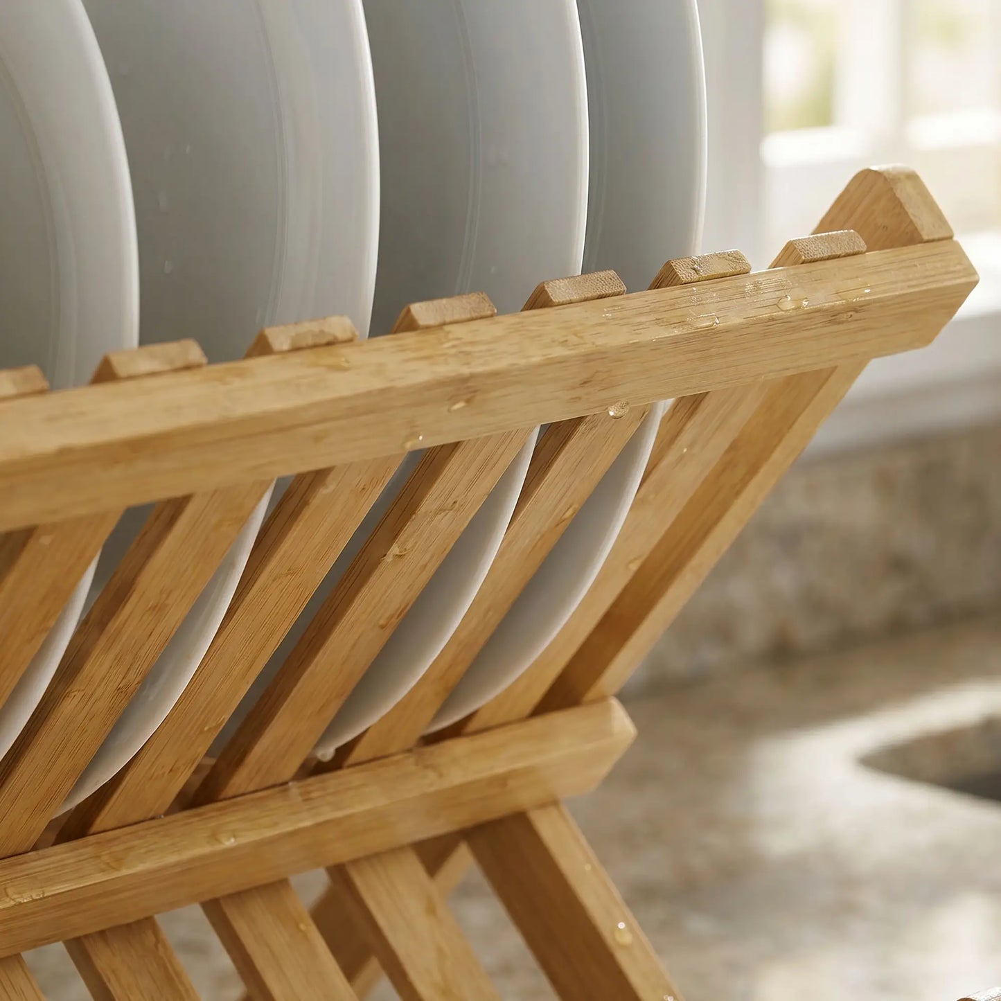 HOMCOM 2-Tier Foldable Kitchen Storage Rack with Slatted Draining Shelves, Natural Wood Finish