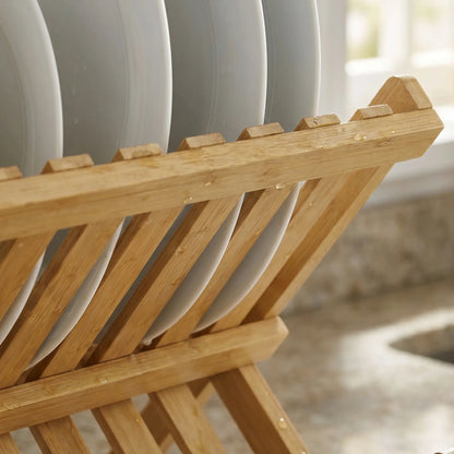 HOMCOM 2-Tier Foldable Kitchen Storage Rack with Slatted Draining Shelves, Natural Wood Finish