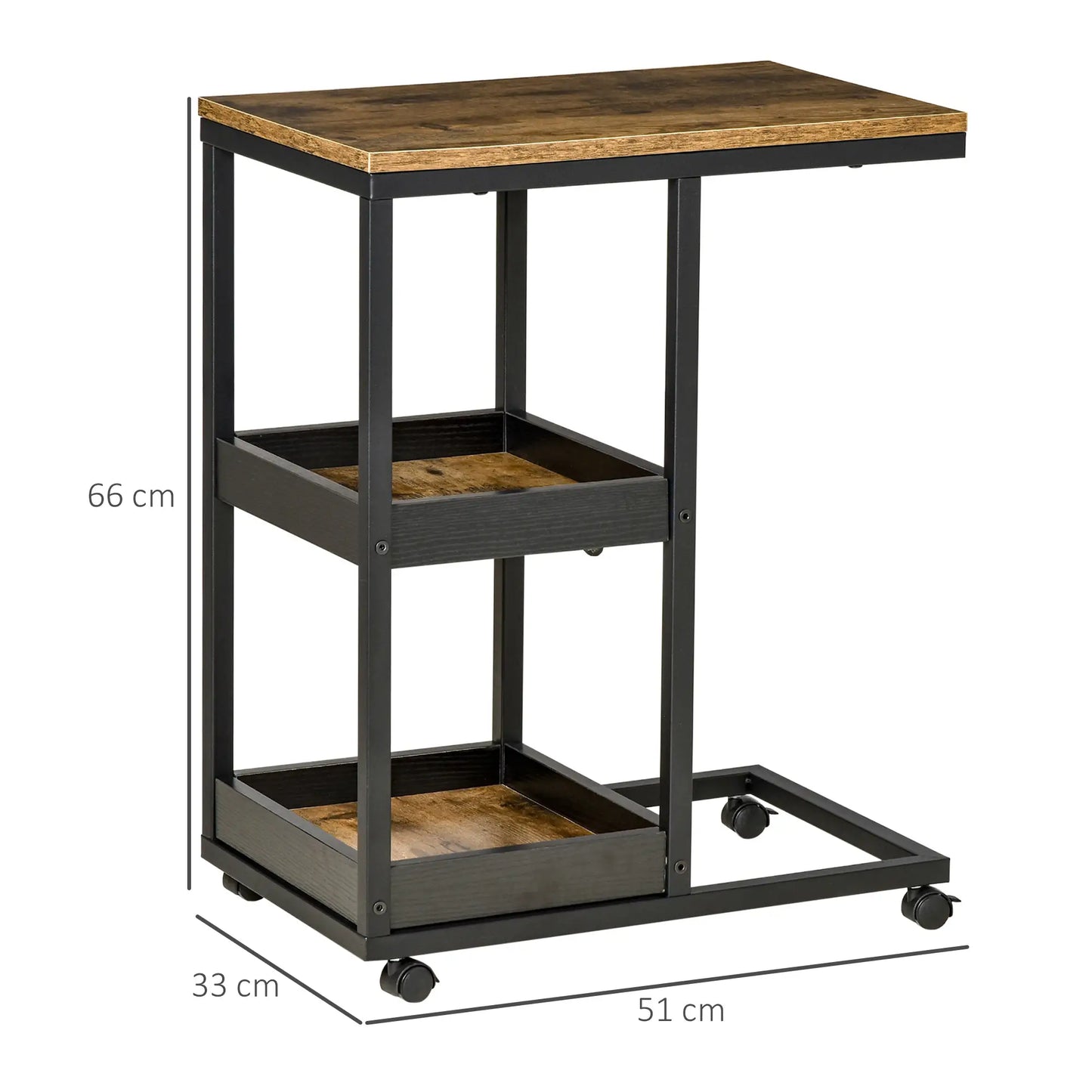 HOMCOM Industrial Mobile Sofa Side Table C-Shaped Rolling Couch Table with 3-Tier Storage Shelving Four Lockable Wheels - Brown