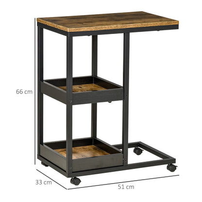 HOMCOM Industrial Mobile Sofa Side Table C-Shaped Rolling Couch Table with 3-Tier Storage Shelving Four Lockable Wheels - Brown