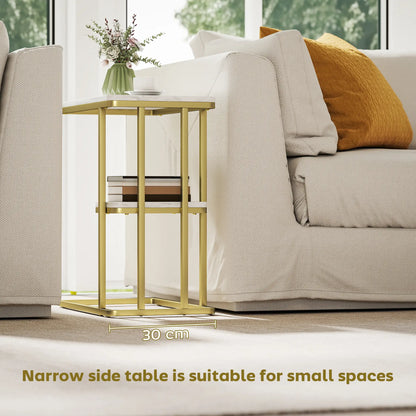HOMCOM C-Shaped Narrow Side Table, 2-Tier Slim End, Nightstand for Living Room, Bedroom, White Marble Grain