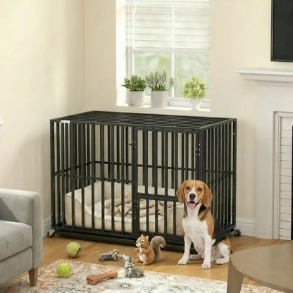 PawHut Heavy Duty Dog Crate, Dog Cage with Wheels for Small Medium Breeds, Metal Pet Kennel