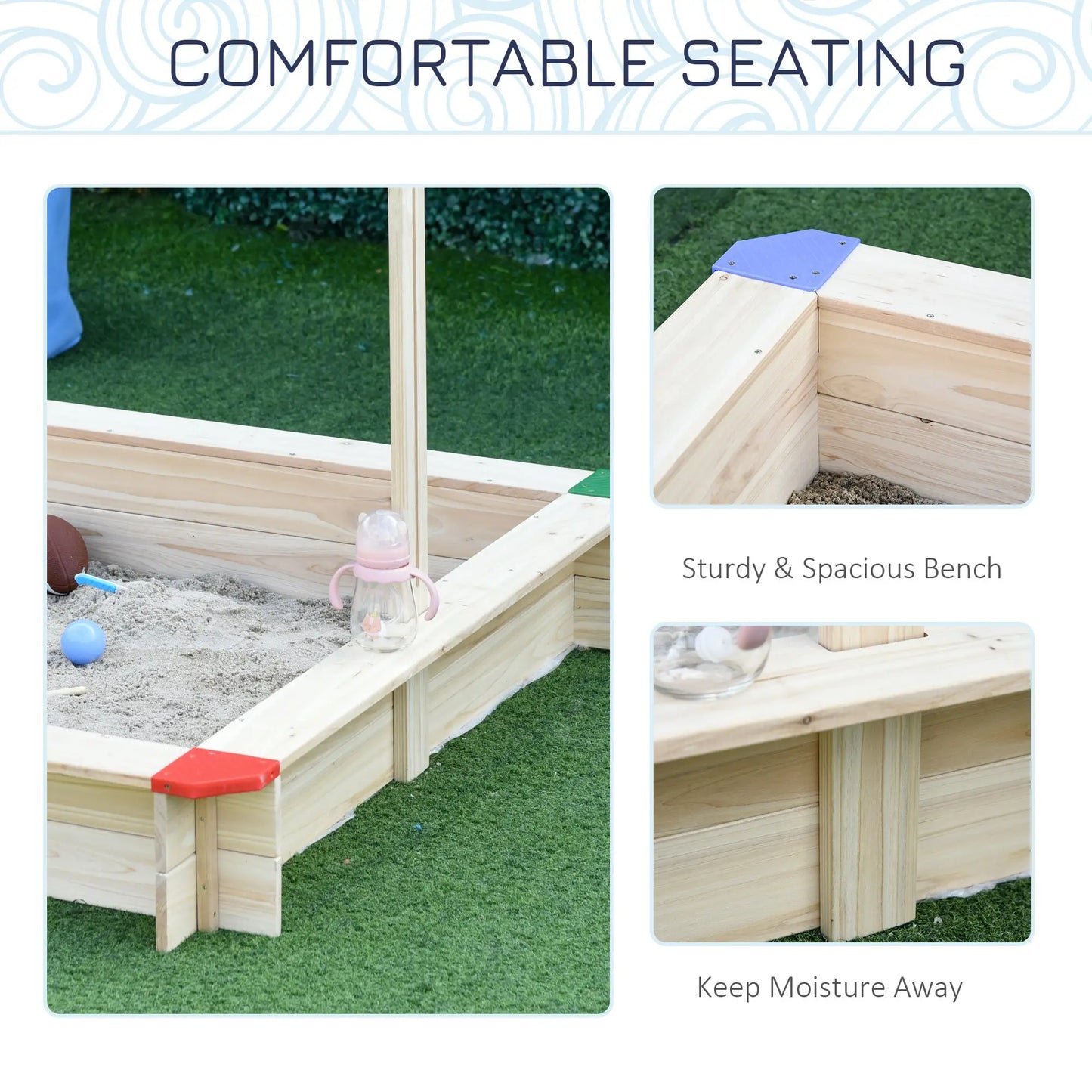 Outsunny Kids Wooden Sand Pit Children Square Sandbox Outdoor Playset Play Station Adjustable Canopy Bench Seat