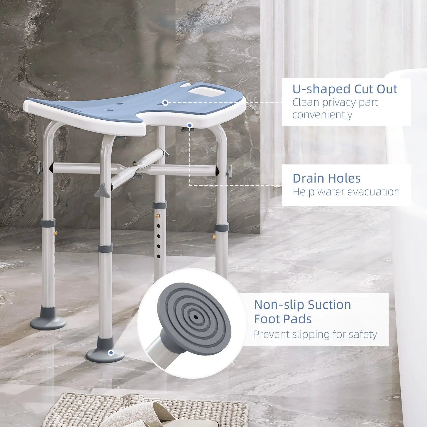 HOMCOM 39-51.5cm 'U' Seat Padded Bathroom Shower Stool Anti-Slip - Light Blue