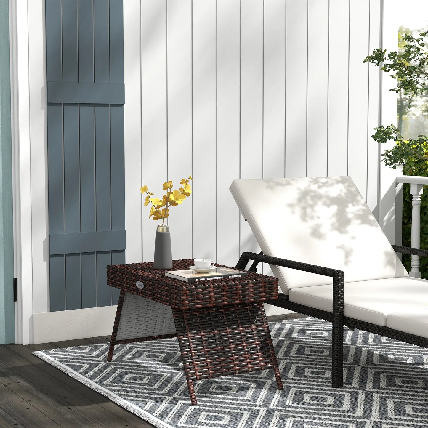 Outsunny Foldable Outdoor Side Table, Rattan Bistro Garden Coffee Table with Steel Frame, Brown