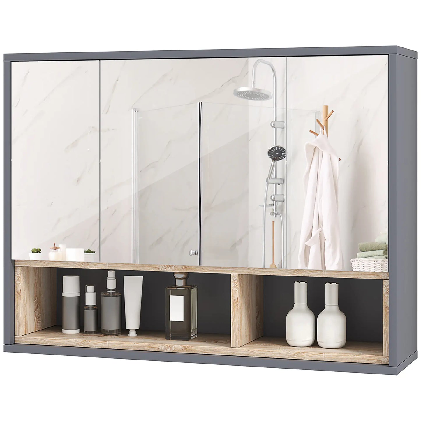 HOMCOM Bathroom Mirror Cabinet, Wall Mounted Cabinet with Mirror, 3 Doors & Cupboards, Grey