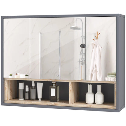 HOMCOM Bathroom Mirror Cabinet, Wall Mounted Cabinet with Mirror, 3 Doors & Cupboards, Grey