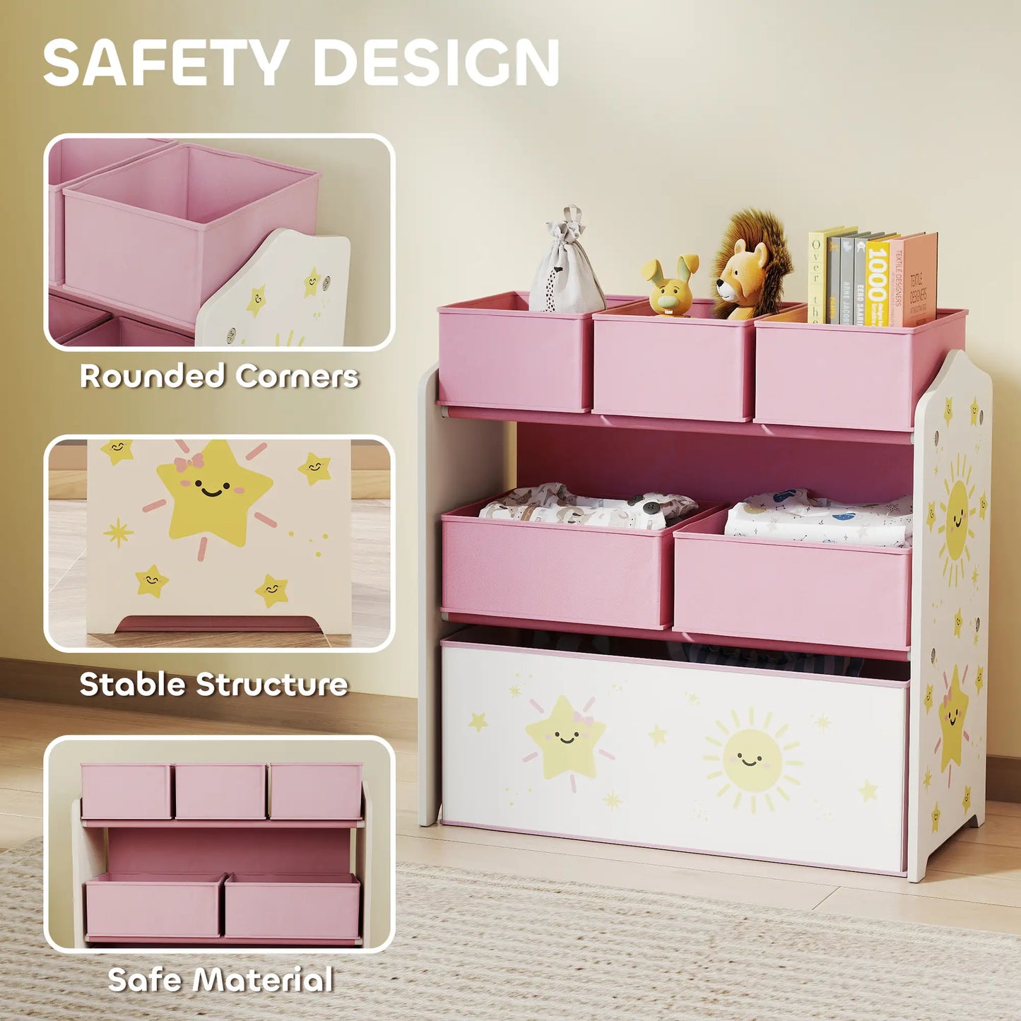AIYAPLAY Kids 3-Tier Toy Organiser Storage Shelf with 6 Removable Boxes for Kids, Bedroom, Playroom, Pink