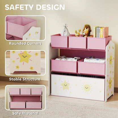 AIYAPLAY Kids 3-Tier Toy Organiser Storage Shelf with 6 Removable Boxes for Kids, Bedroom, Playroom, Pink
