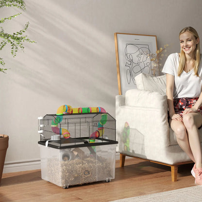 PawHut Two-Tier Hamster Cage with Deep Tray, Tube System, Water Bottle, Ramp, Feeding Bowl, Multicoloured
