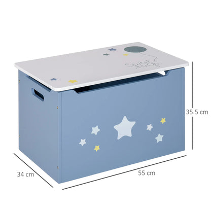 HOMCOM Kids Wooden Toy Box Children Storage Chest Organiser Side Handle, Safety Hinge Play, Blue