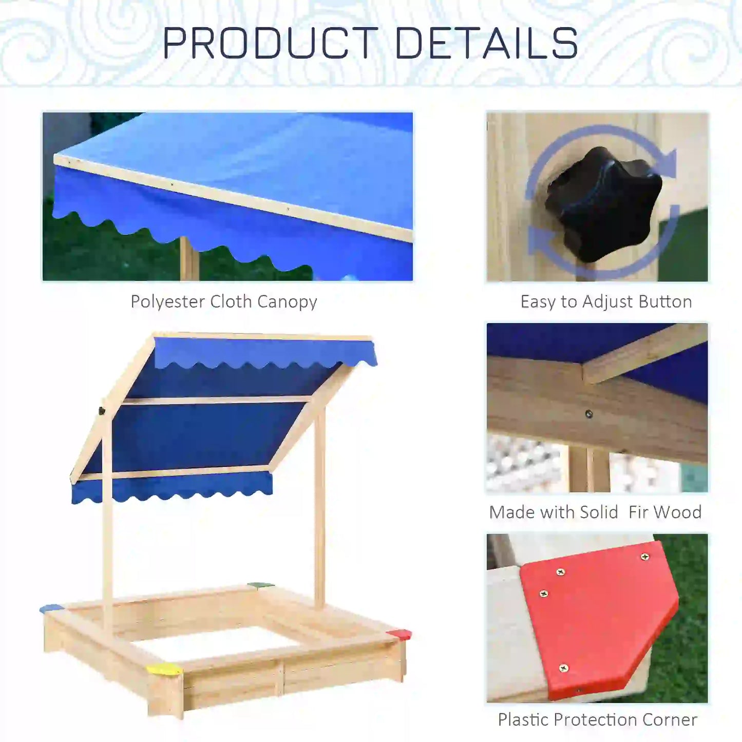 Outsunny Kids Wooden Sand Pit Children Square Sandbox Outdoor Playset Play Station Adjustable Canopy Bench Seat