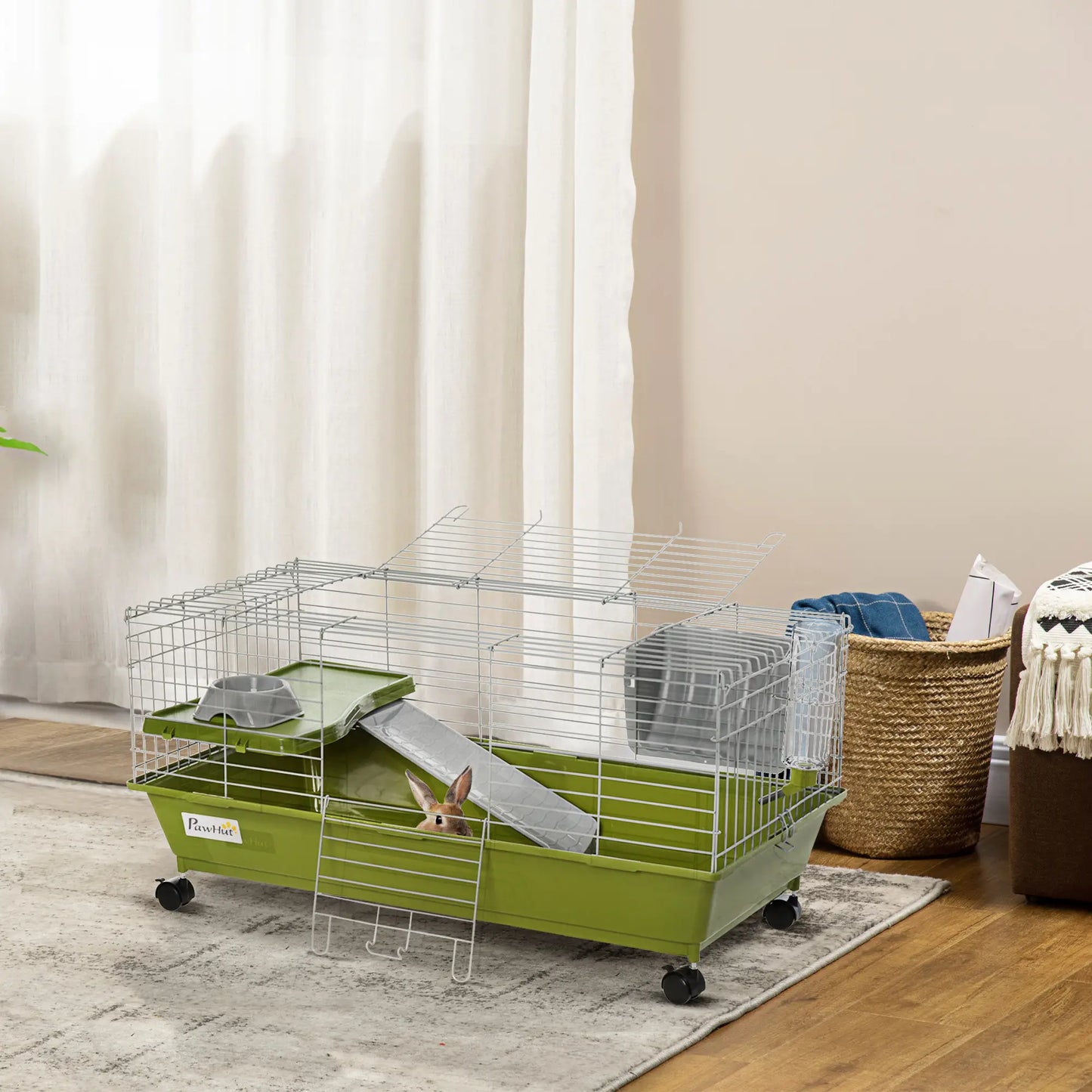 PawHut Small Animal Cage Rabbit Guinea Pigs Chinchillas Cage w/ Wheels, Water Bottle, Food Dish, Ramp, Green