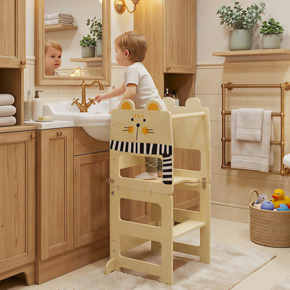 AIYAPLAY Toddler Step Stool, Standing Tower with Chalkboard, 3-in-1 Cat-Shaped for Kitchen Counter, Natural