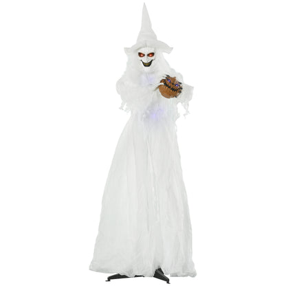 Outsunny Halloween Decorations White Witch Holding Pumpkin Head, Ghost Prop with Light Up Eyes & Body