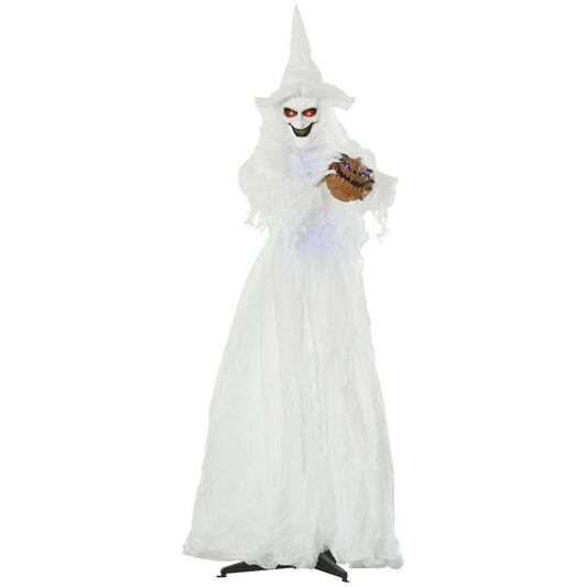 Outsunny Halloween Decorations White Witch Holding Pumpkin Head, Ghost Prop with Light Up Eyes & Body