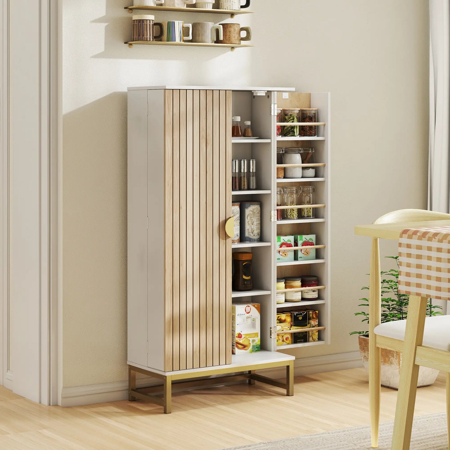 HOMCOM 5 Tiers Kitchen Cupboard, Freestanding Kitchen Cabinet with Double Doors, 12 Spice Racks, White