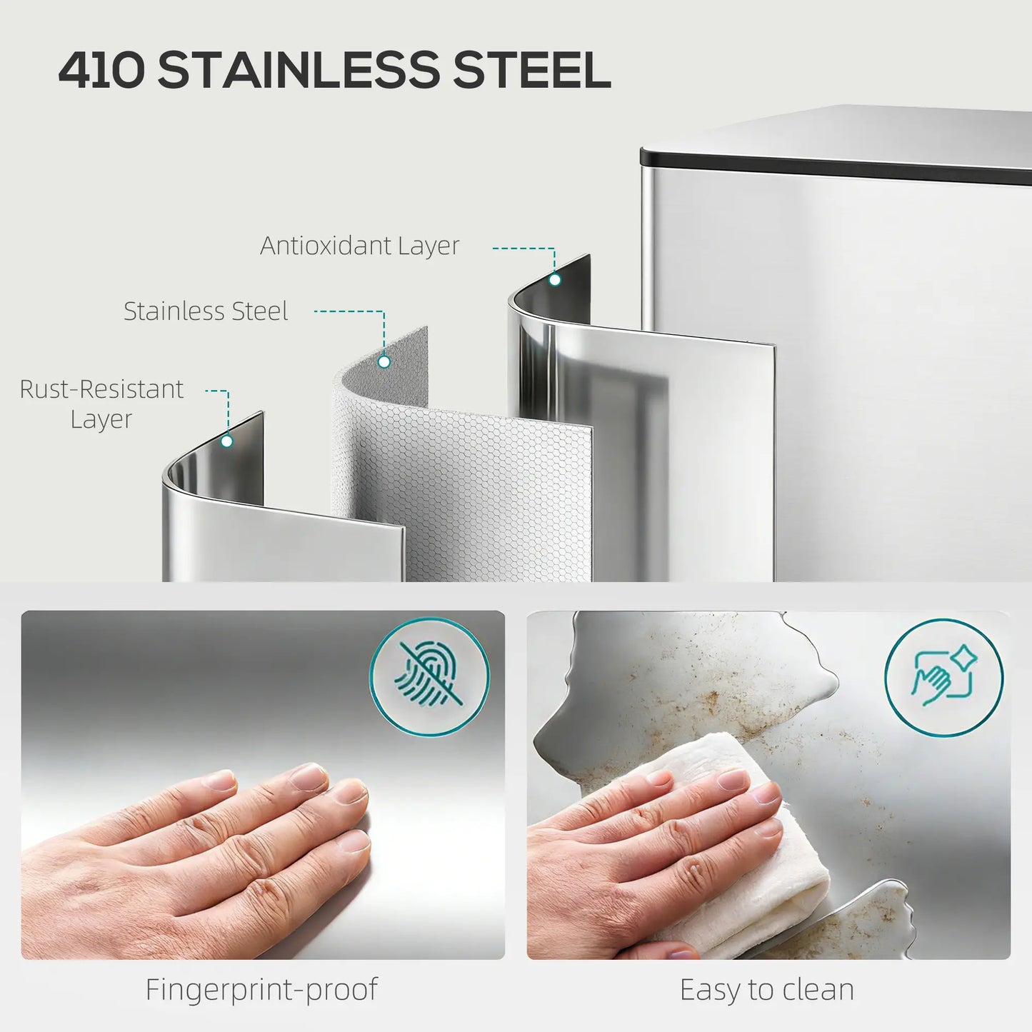 HOMCOM 60L Dual Compartment Stainless Steel Bin with Deodoriser Holders - Silver Tone
