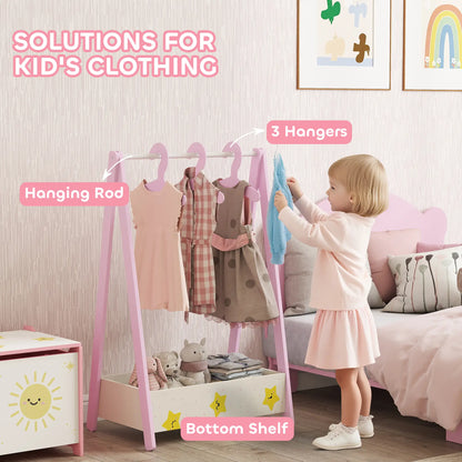 AIYAPLAY Kids Baby Clothing Rack with Hangers, Storage Shelf, Star Theme for Ages 3-6, Pink