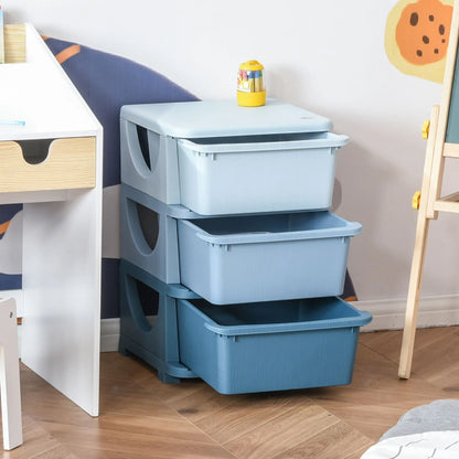 HOMCOM 3 Drawers Plastic Kids Storage Units, 3 Tier Children Toy Chest for Nursery, Playroom, Blue