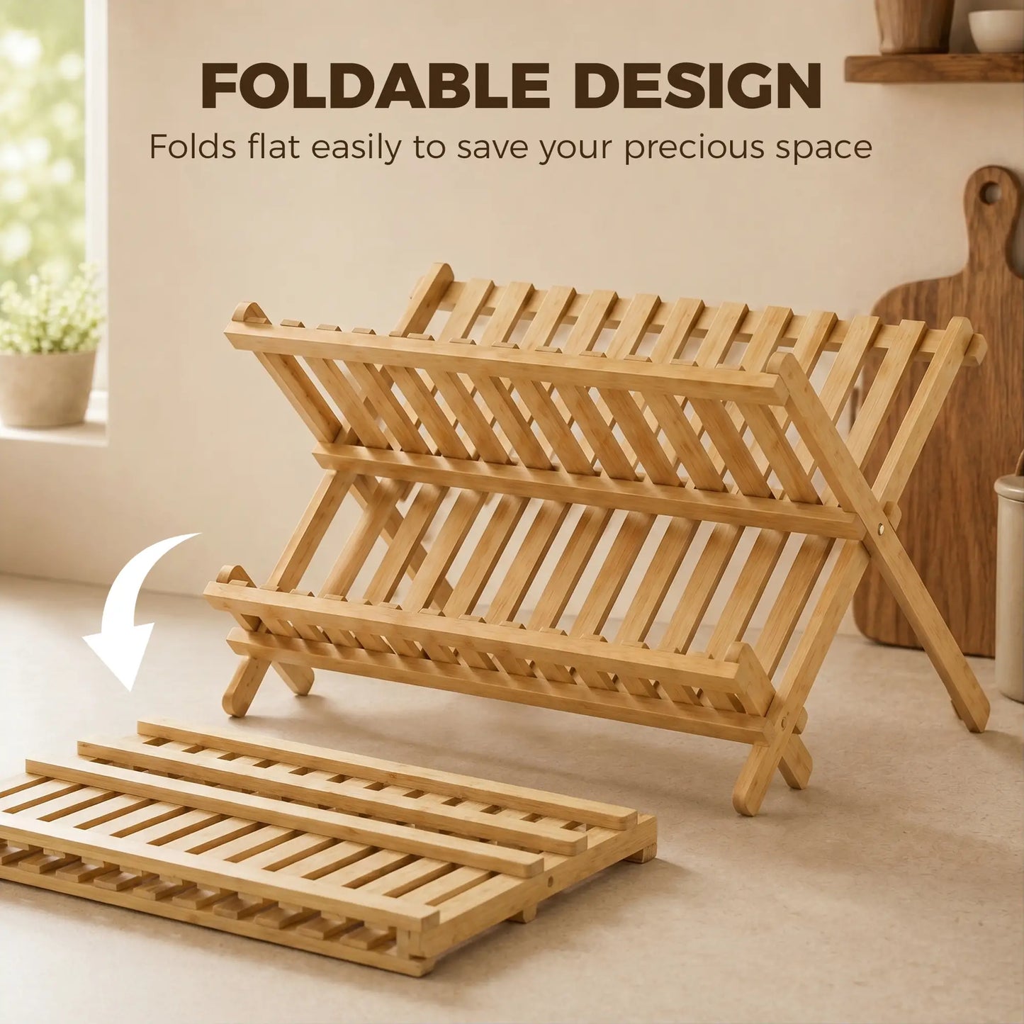 HOMCOM 2-Tier Foldable Kitchen Storage Rack with Slatted Draining Shelves, Natural Wood Finish