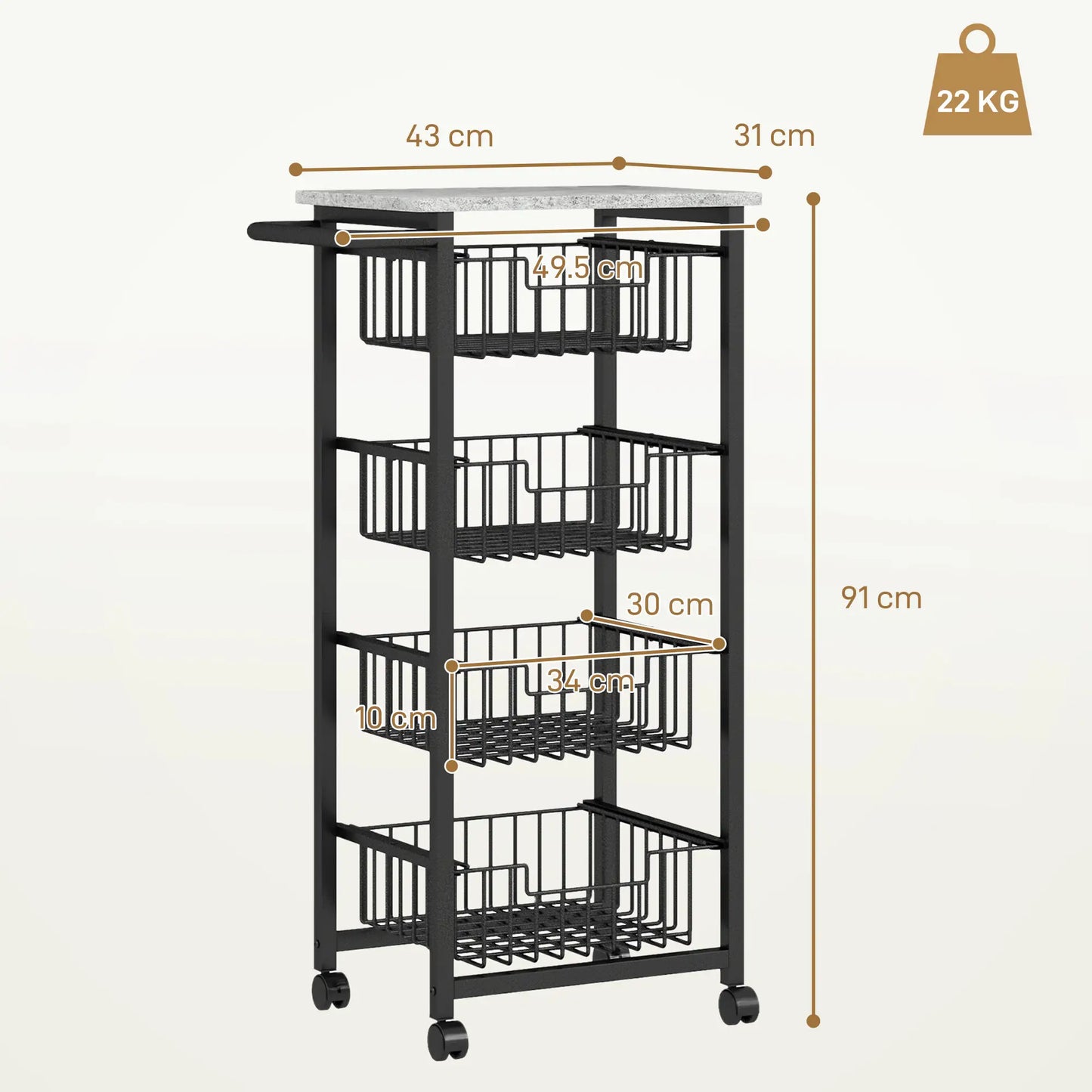 HOMCOM Movable Storage Trolley, Four Basket Mobile Kitchen Dining Island, with Brakes - Grey/Black