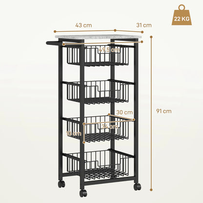 HOMCOM Movable Storage Trolley, Four Basket Mobile Kitchen Dining Island, with Brakes - Grey/Black