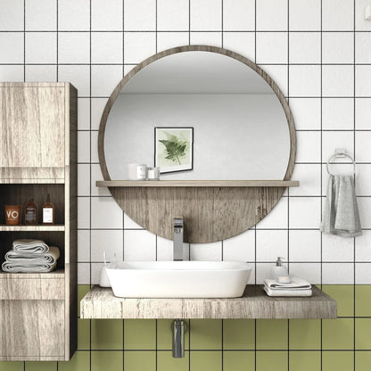 Big round mirror with wooden frame accent