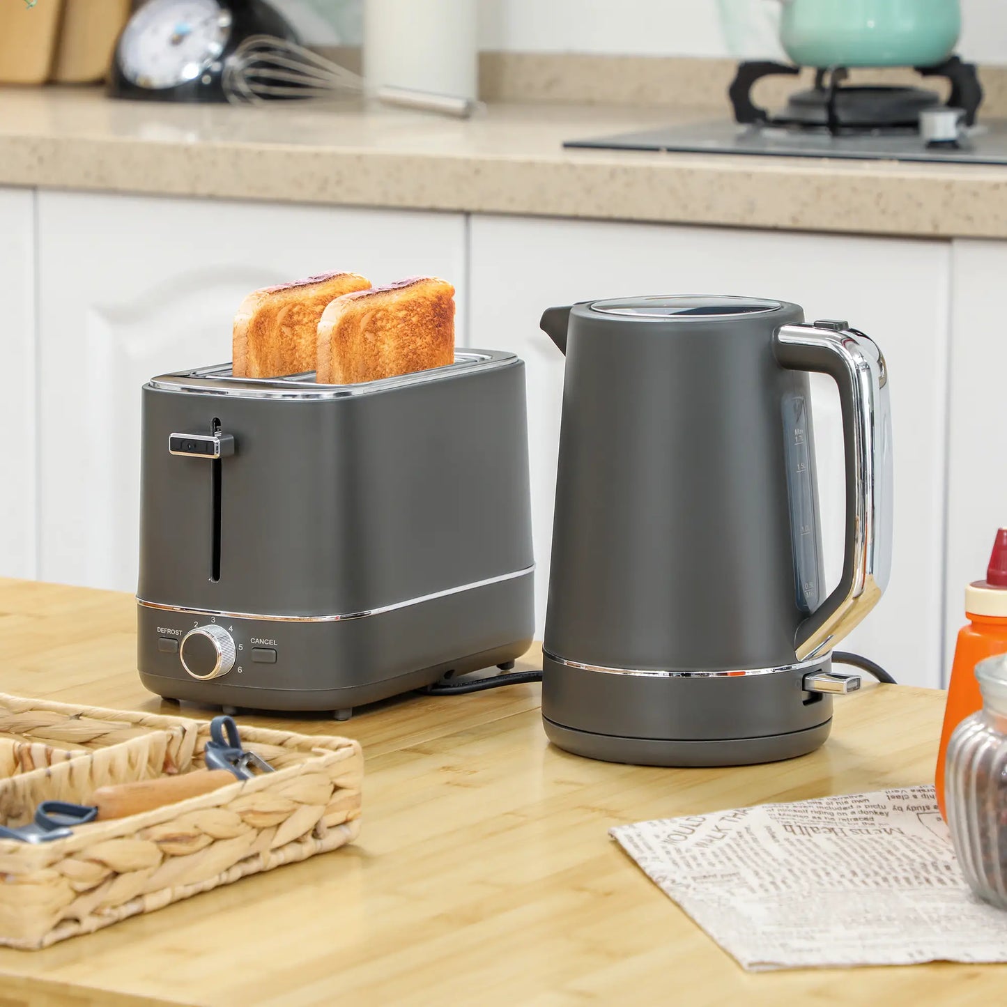 HOMCOM Fast Boil Kettle and 2 Slice Toaster Set, Kitchen Set with 6 Level Browning Controls, Defrost, Reheat, 1.7L 3000W Grey