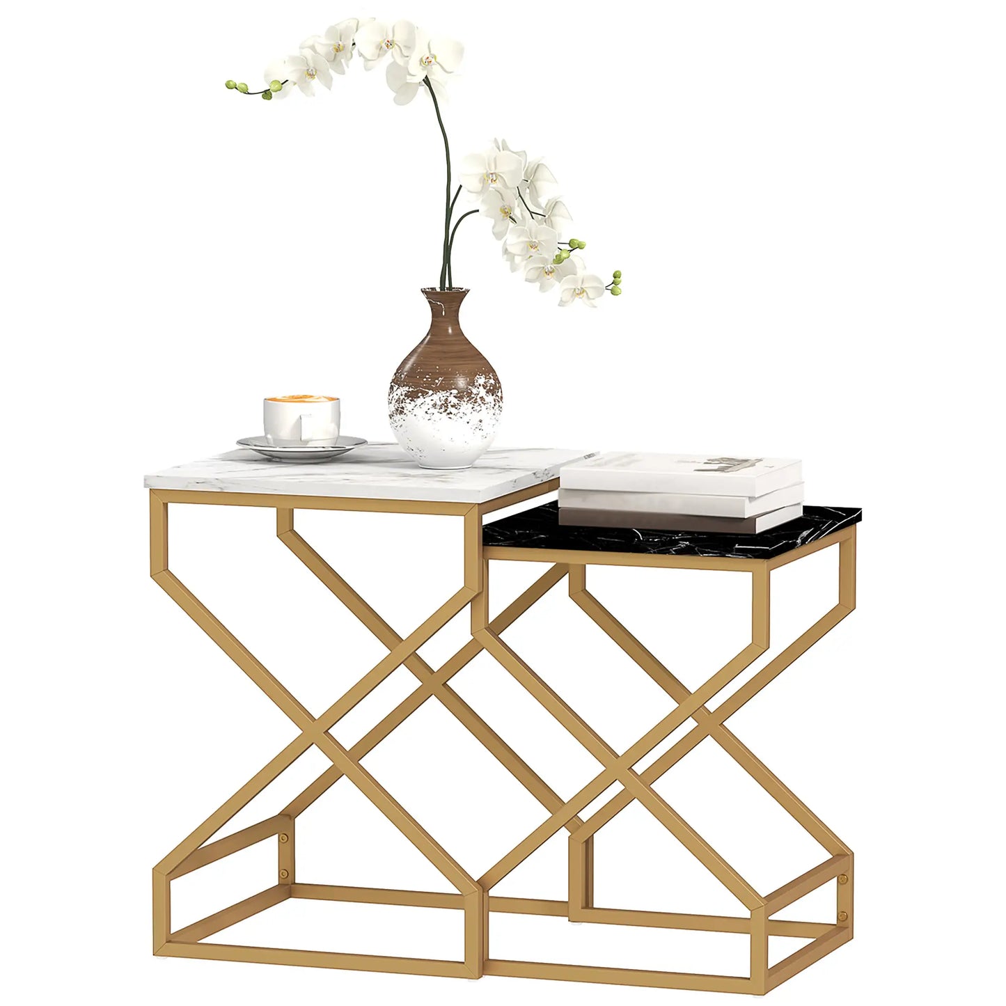HOMCOM Set of Two Side Table Marble-Effect Nesting Bedside Tables