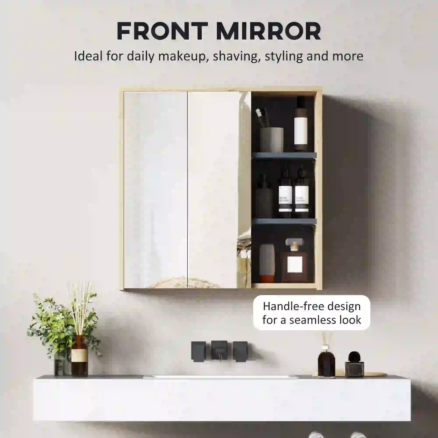 HOMCOM Five-Shelf Mirrored Bathroom Storage Mirror Cabinet - Wood-Effect