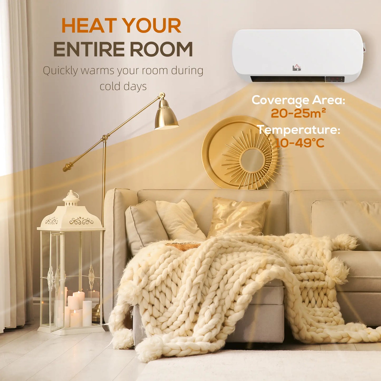 HOMCOM 2000W Wall Mounted Ceramic Electric Space Heater, 10-49°C Temperature, White