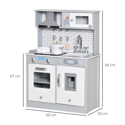 Kids Wooden Toy Kitchen Pretend Play Cooking Playset w/ Sound & Light Effect, Battery Operated Cooktop, Marble Pattern Countertop