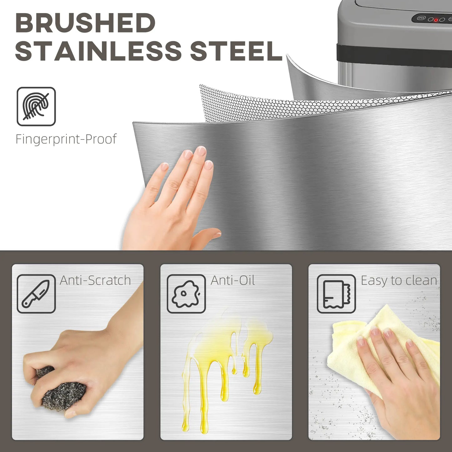 HOMCOM 48L Stainless Steel Kitchen Rubbish Sensor Bin - Silver-Tone
