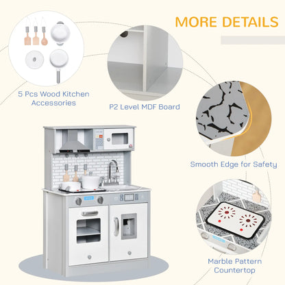 Kids Wooden Toy Kitchen Pretend Play Cooking Playset w/ Sound & Light Effect, Battery Operated Cooktop, Marble Pattern Countertop