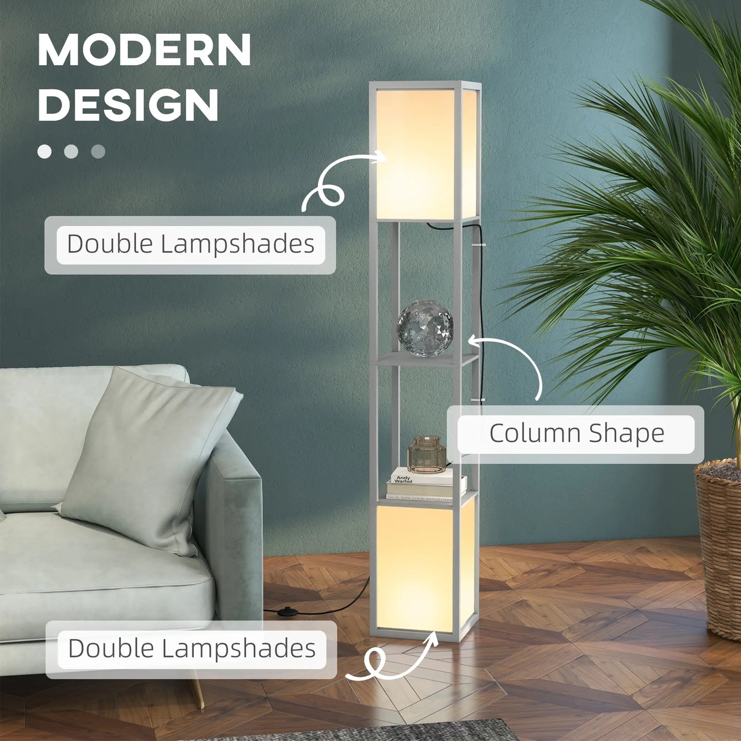 HOMCOM Modern Standing Shelf Floor Lamp with Dual Ambient Light, Living Room, Bedroom, Grey