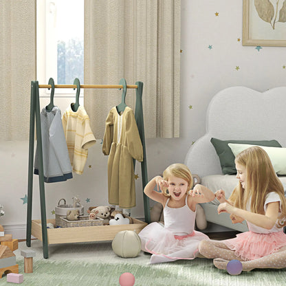 AIYAPLAY Kids Clothes Rail with 3 Hangers, Bottom Storage Shelf for Girls, Boys, Nursery, Bedroom, Green