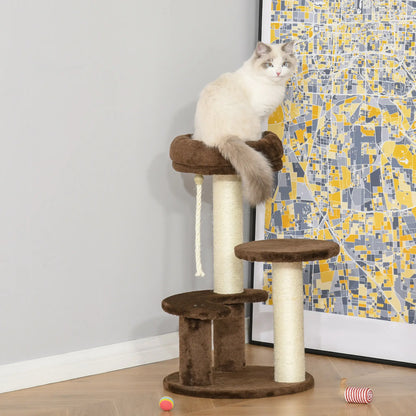 PawHut 65cm Cat Tree, Cat Tower for Kittens, Small Cat Condo with Sisal Scratching Posts, Hanging Rope - Brown