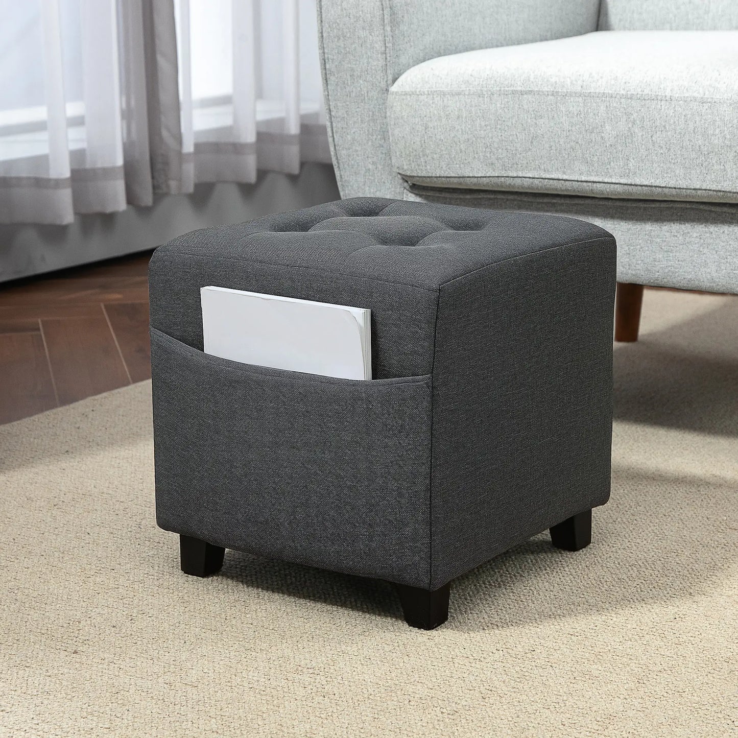HOMCOM Square Footstool, Small Ottoman with Side Pocket, Linen Fabric Footrest Foot Stool with Rubber Wood Legs for Living Room, Bedroom