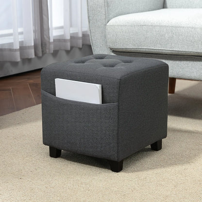 HOMCOM Square Footstool, Small Ottoman with Side Pocket, Linen Fabric Footrest Foot Stool with Rubber Wood Legs for Living Room, Bedroom