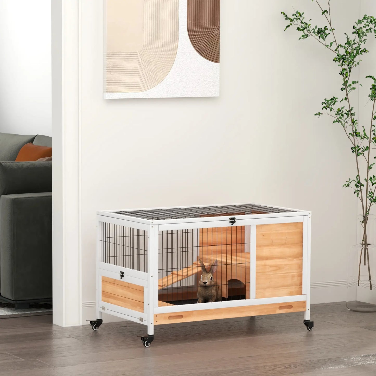 PawHut Wooden Guinea Pig Hutch, 2-Floor Bunny Cage w/ Enclosed Run Area, Yellow