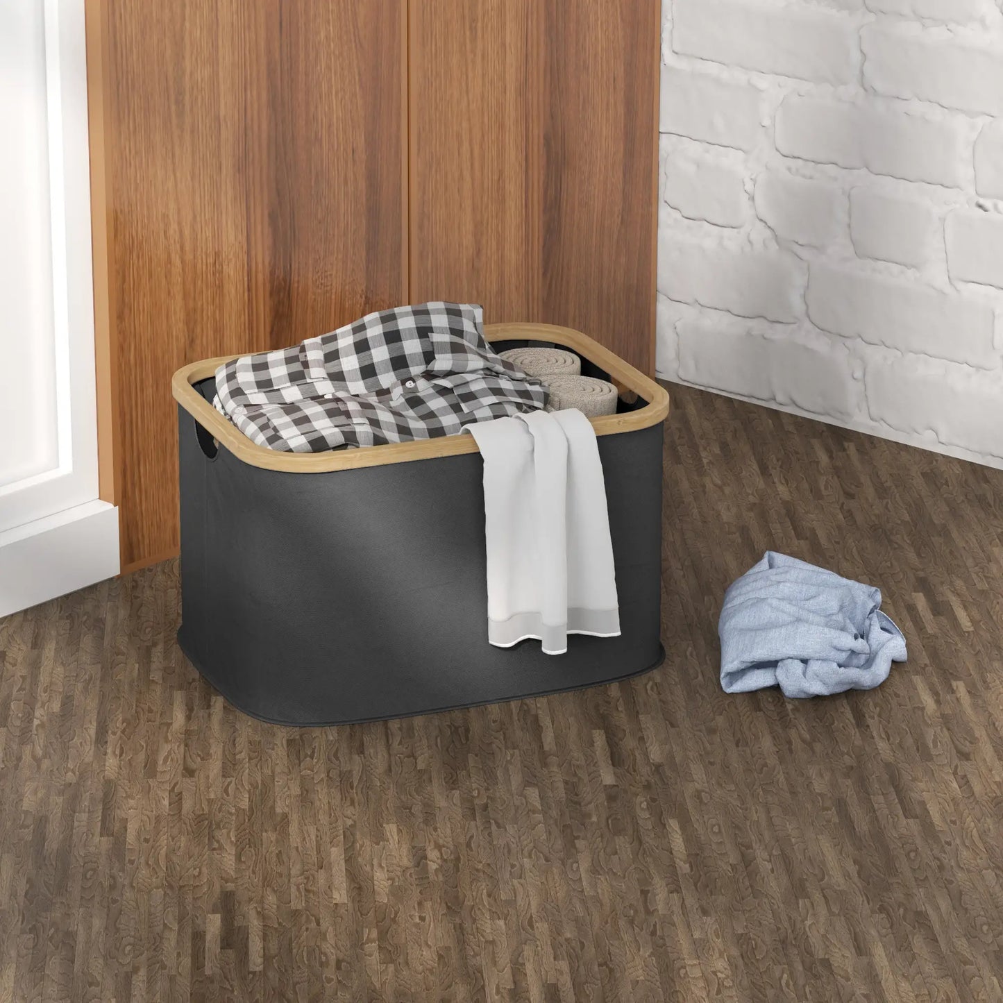 HOMCOM 36L Foldable Laundry Basket, with Bamboo Top Portable and Foldable - Black