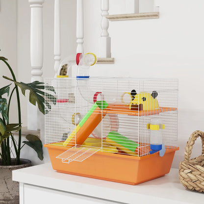PawHut 3 Tiers Gerbil Cage, Hamster Cage with Tubes, Exercise Wheel, Ladder, Top Handle - Orange