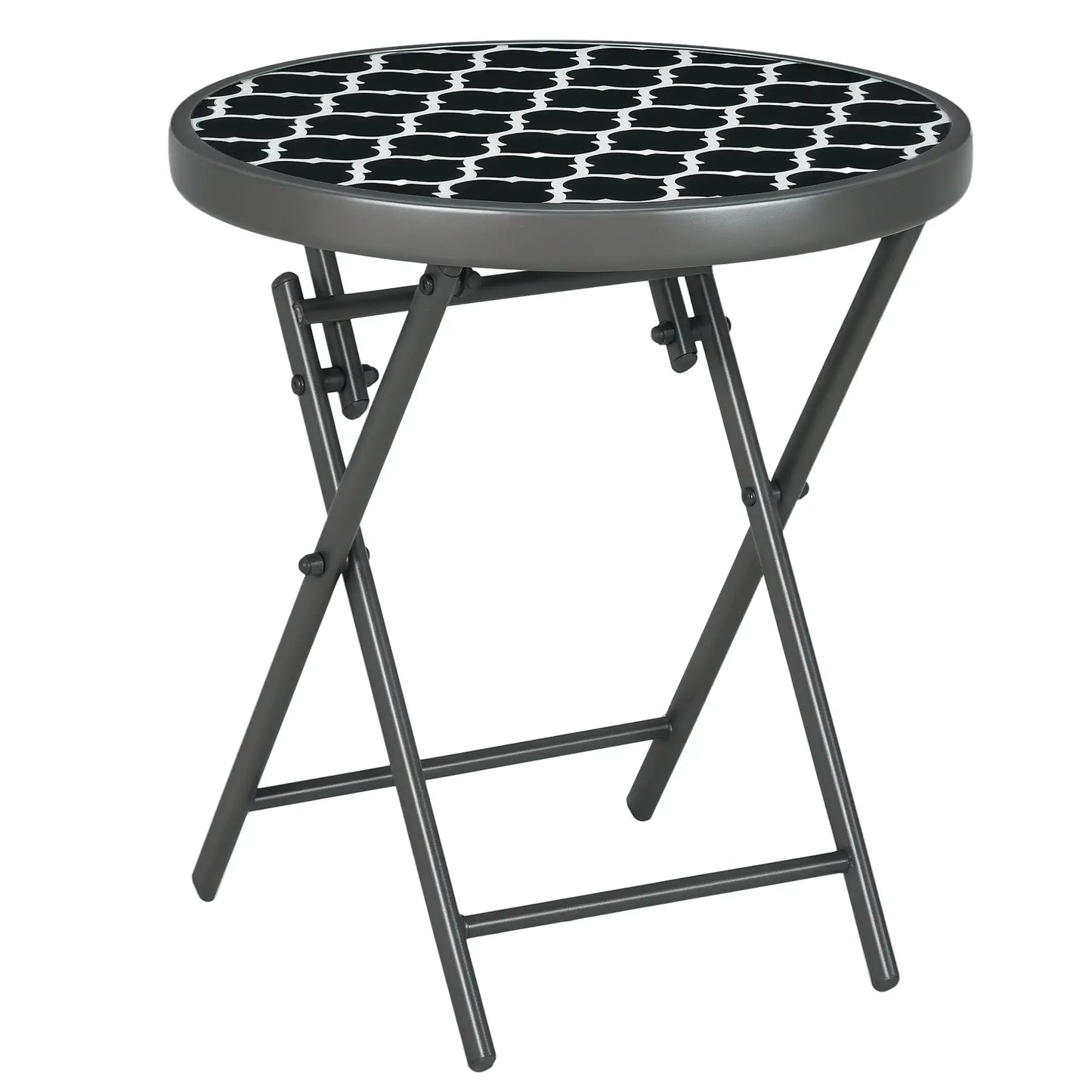 Outsunny Garden Small Coffee Side Table, Outdoor Round Folding Patio Table with Imitation Marble Glass Top
