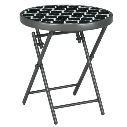 Outsunny Garden Small Coffee Side Table, Outdoor Round Folding Patio Table with Imitation Marble Glass Top